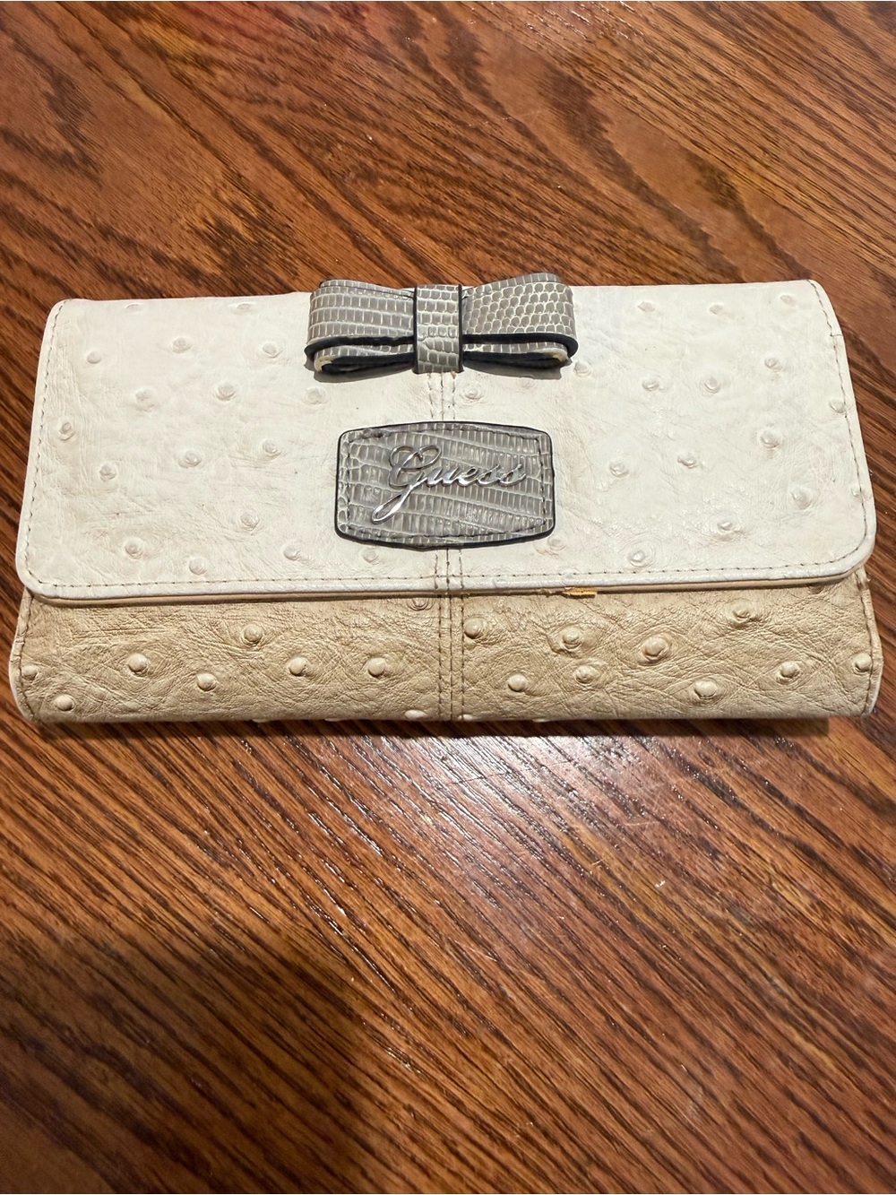 GUESS Cream and Taupe Faux-Ostrich Bow Wallet Clutch